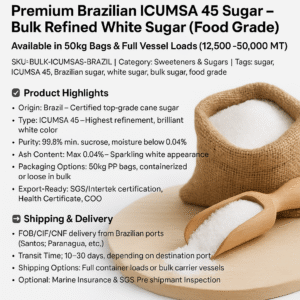 Brazilian Premium ICUMSA 45 Sugar – Bulk Refined White Sugar (Food Grade)